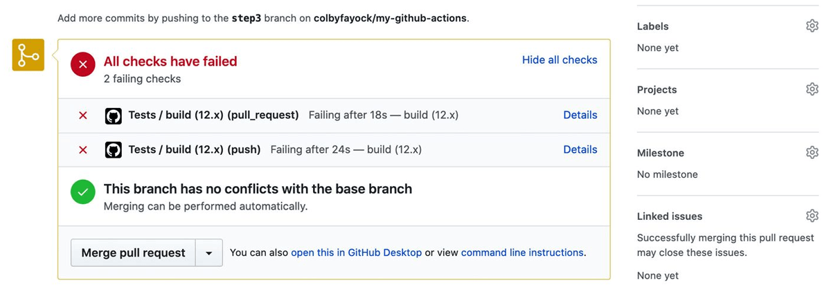 Blocking merges before test pass in GitHub