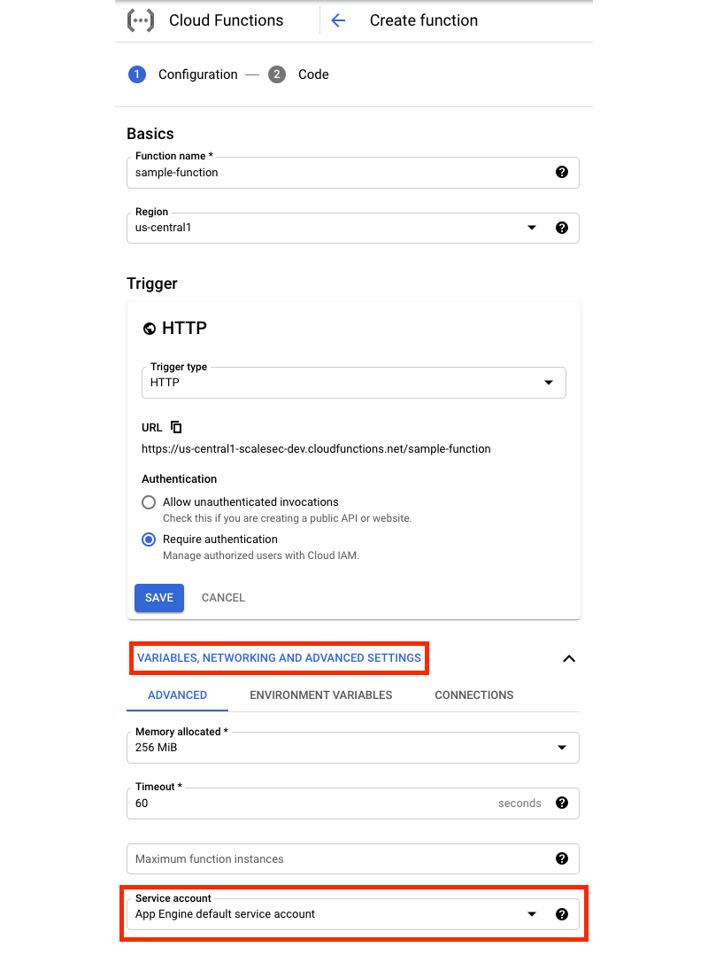 Console flow to assign a custom service account to a Cloud Function