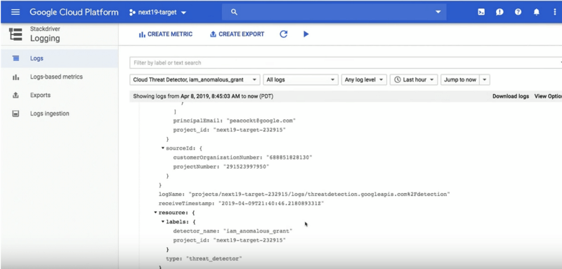 Example Event Threat Detection Stackdriver Log